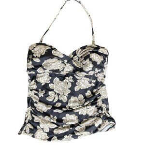 Merona Black & Gray Floral Print Ruched Bandeau Style Tankini Top, Size Medium